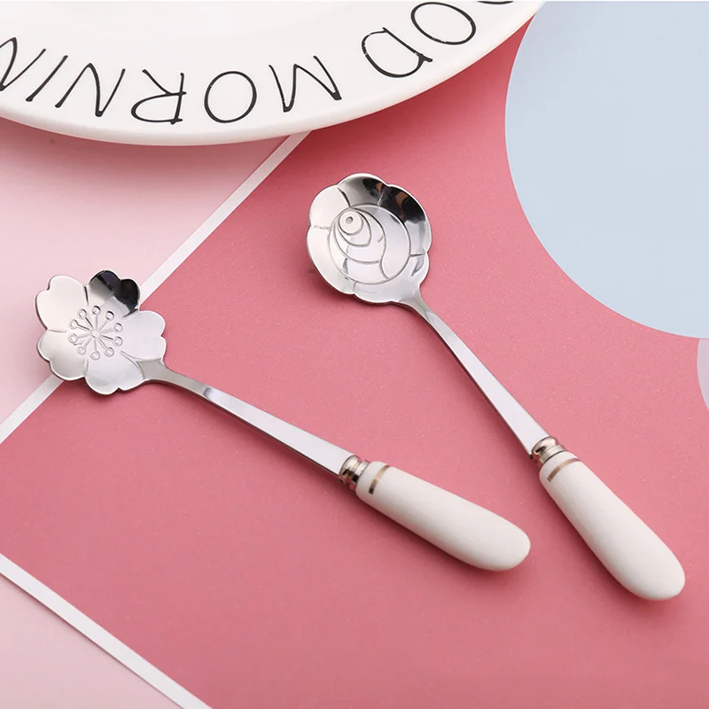 

1 Pcs Stainless Steel Flower Spoon Ceramic Handle Coffee Tea Spoon Ice Cream Dessert Cake Spoons DAG-ship