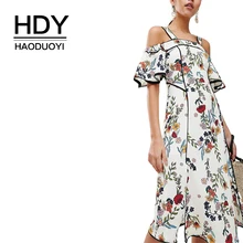HDY Haoduoyi Women Bohemian Floral Print Cold Shoulder Midi Strap Slash Neck Ruffle Short Sleeve Side Split Wrap Summer Dress HDY Haoduoyi Women Bohemian Floral Print Cold Shoulder Midi Strap Slash Neck Ruffle Short Sleeve Side Split Wrap Summer Dress