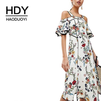 

HDY Haoduoyi Women Bohemian Floral Print Cold Shoulder Midi Strap Slash Neck Ruffle Short Sleeve Side Split Wrap Summer Dress