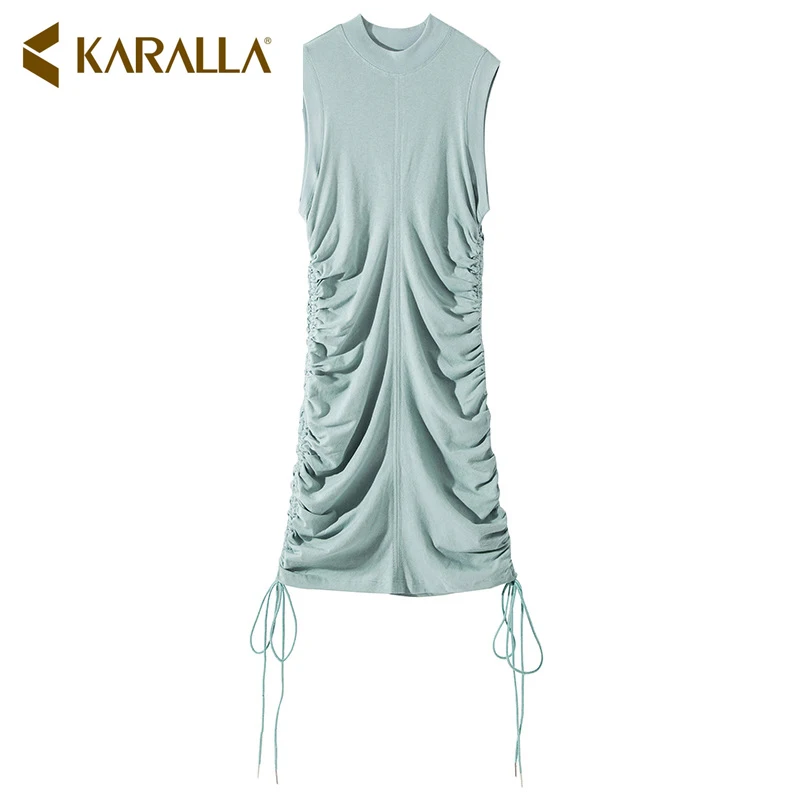 

Summer 2019 Women Sleeveless Hip Dresses Both Side Pulling Rope Green Black Pure Color Buttock Dress L0160