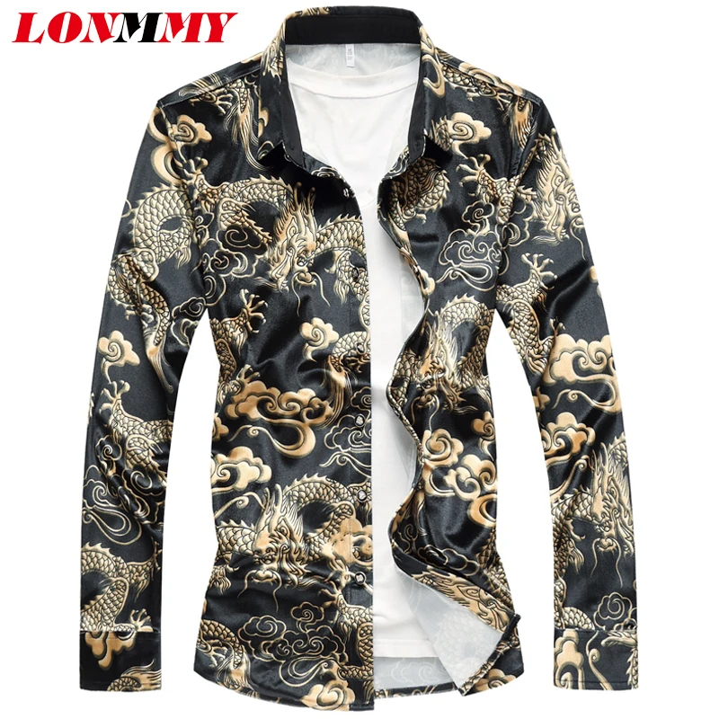 LONMMY 6XL 7XL, плюс размер, рубашка с длинным рукавом, Мужская блузка, велюр, Рисунок дракона, тонкая, повседневная, Мужская одежда, рубашки,, осень, весна