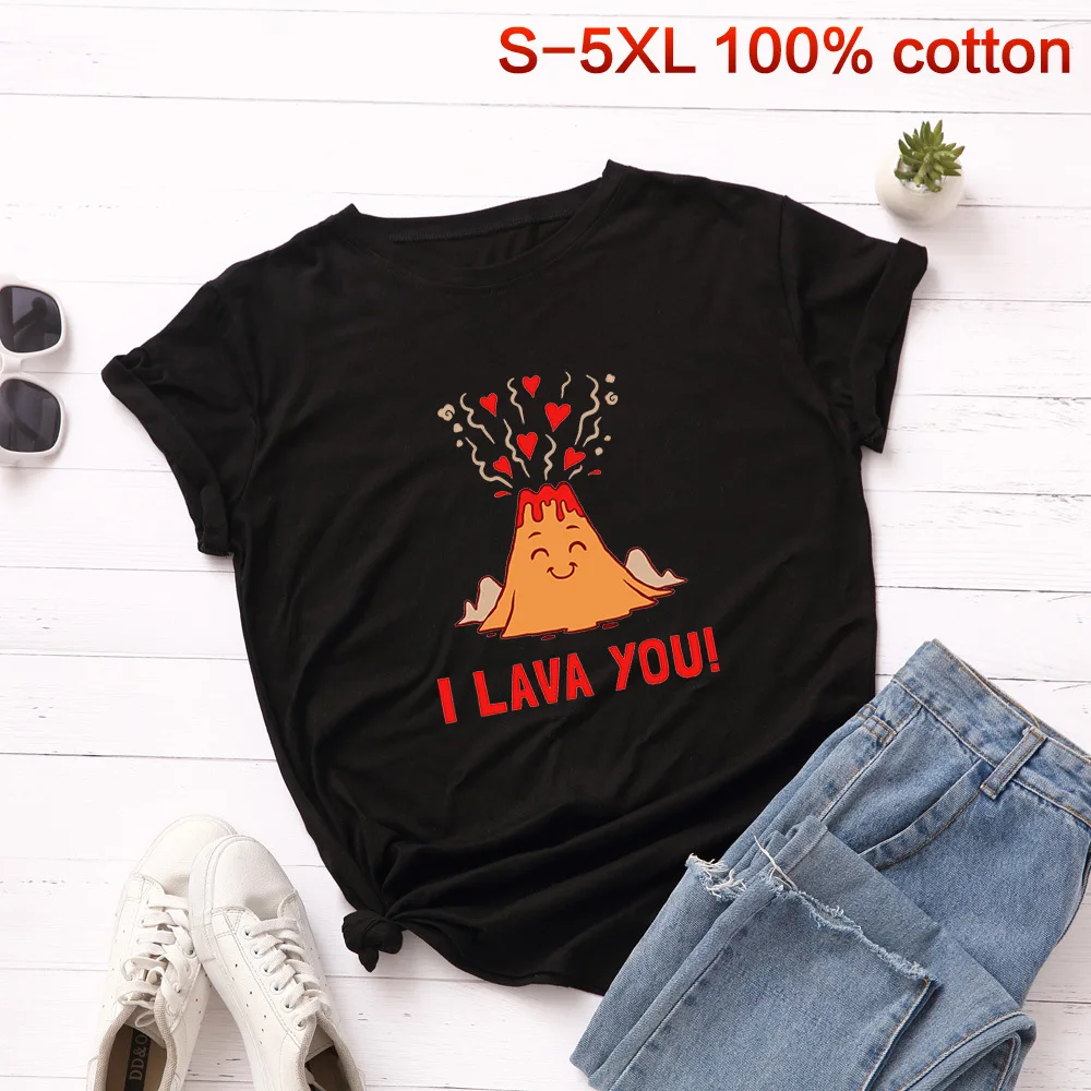 

SKOONHEID Lovely Volcano Basic Tee Shirt Women Summer Plus Size Print Cotton T-shirt O Neck Casual Harajuku funny cartoon tshirt