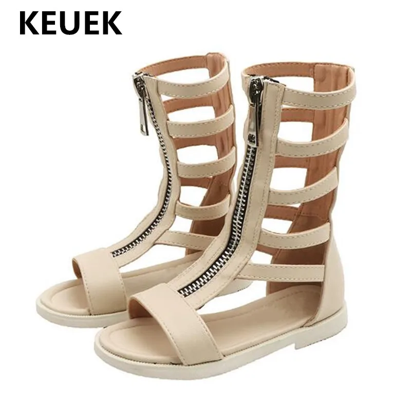 

New Girls Sandals Summer Soft Leather Zip Black Shoes Children High Gladiator Cut-Outs Princess Student Open toe Sandals Baby 02
