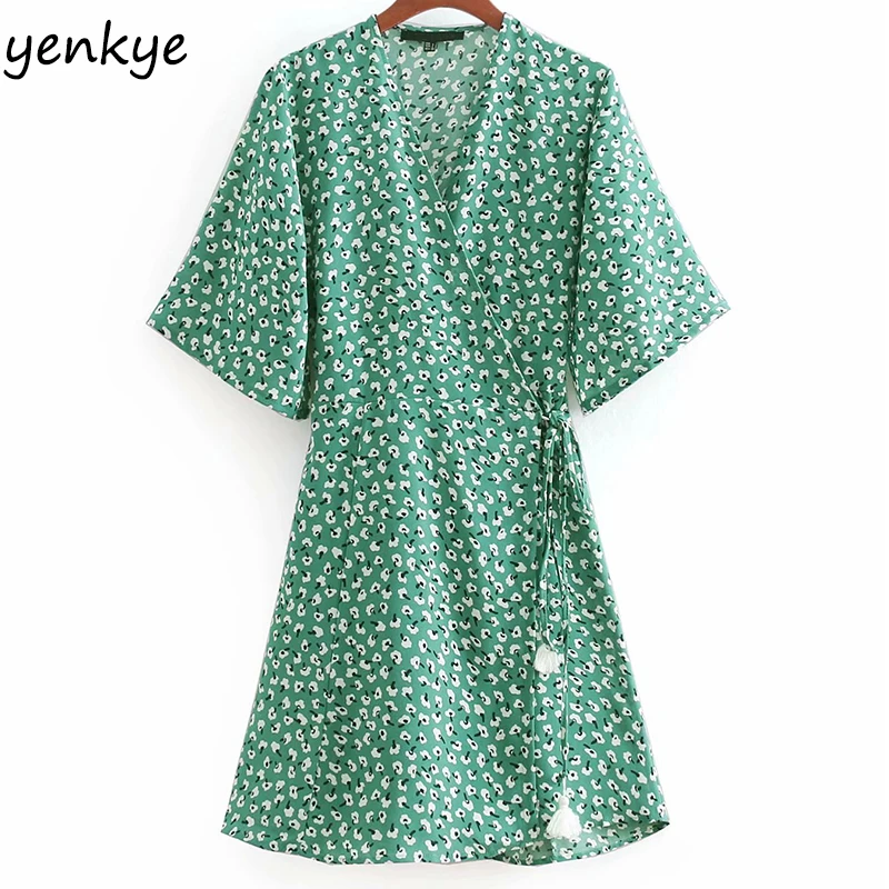 short sleeve wrap dress green