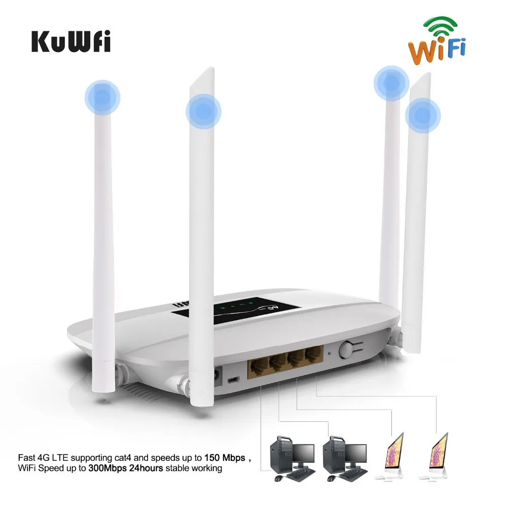  KuWFi Unlocked 4G LTE Wireless Router 300Mbps Indoor Wireless CPE Router 4Pcs Antennas With LAN Por