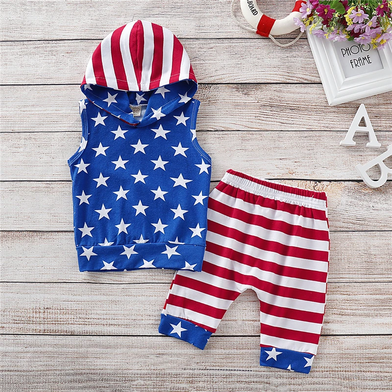 Toddler 4th of July Baby Boy Outfit Blue Star Hoodie Tops Red Striped Pants Independence Day 2PCS Set