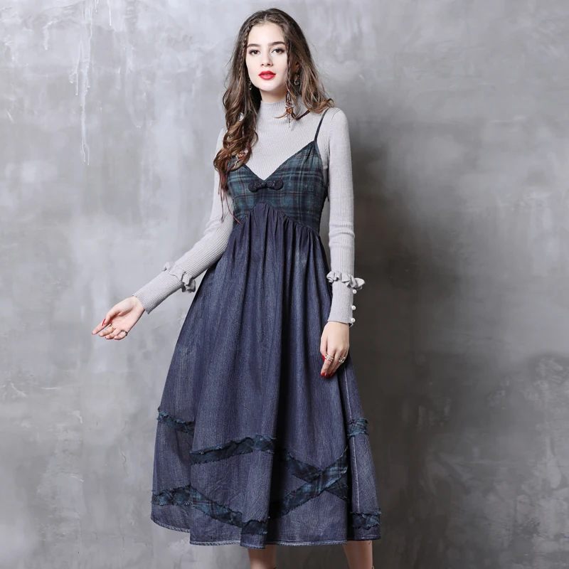 Для женщин платье из джинсовой ткани 2018 Кир Осень Новый Boho хлопок v образным