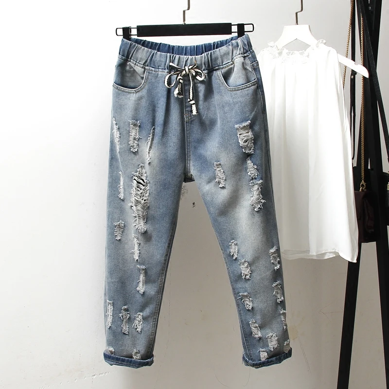 drawstring distressed jeans