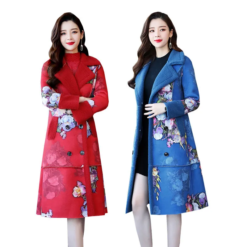 Fashion Elegant Printing Suede Lambs Wool Women Winter Jacket Parka Feminina Thick Long Coat Women Cotton Winter Jackets C5103