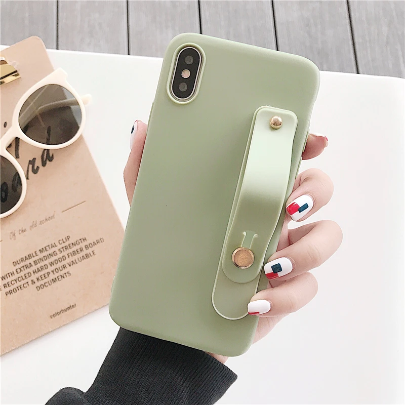 Simple Matte Candy Wrist Strap Hand Band silicone case for iPhone 6 6s 7 8 Plus X Xr Xs Max Back Phone Stand Ring Protect Cover