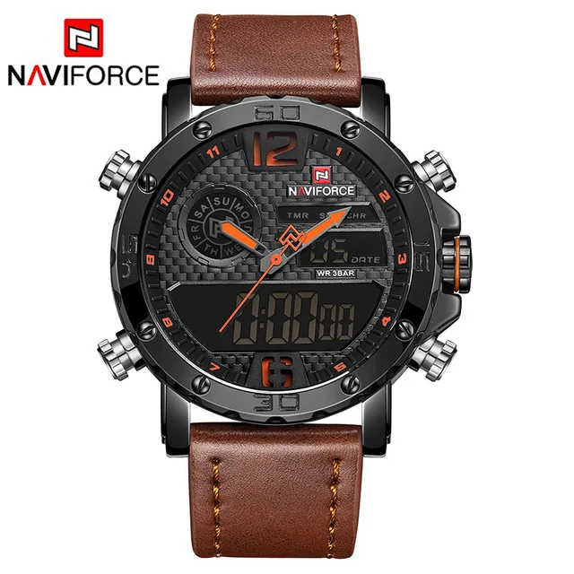 Мужские часы Топ бренд класса люкс мужские кожаные спортивные часы NAVIFORCE Мужские кварцевые светодиодный цифровые часы водонепроницаемые военные наручные часы - Цвет: brown orange