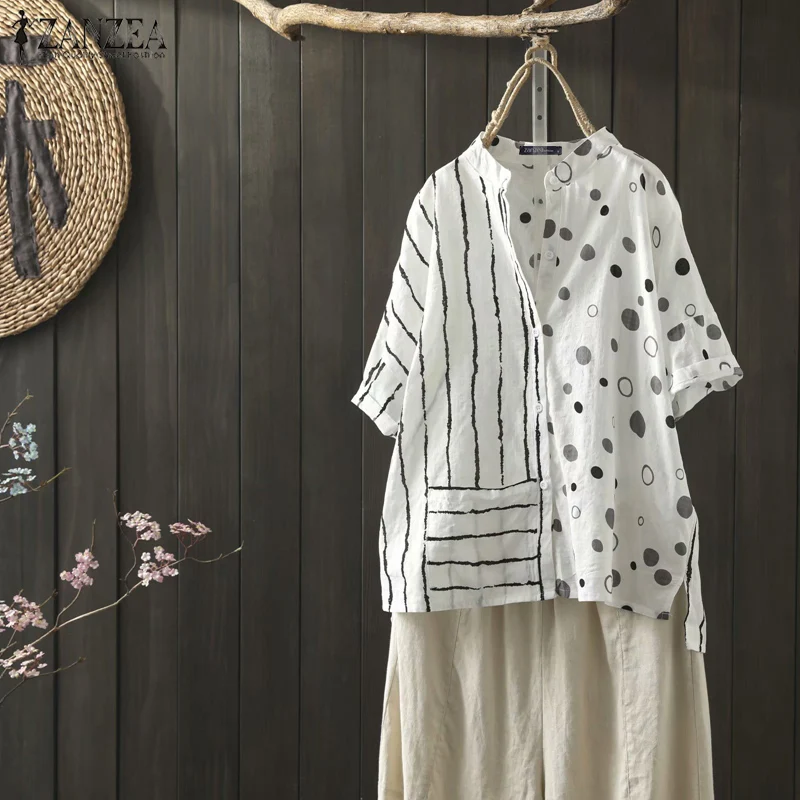 

Fashion Women Lapel Neck Striped Blouse Summer Short Sleeve Polka Dot Tunic Top Female Pacthwork Blusas Casual Buttons Shirt