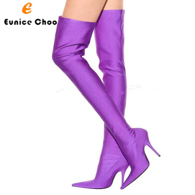 

Eunice Choo Over The Knee Women Stretch Long Boots Pointed Toe High Heels Thigh High Boots Slim Elastic Fabric Sock Booties