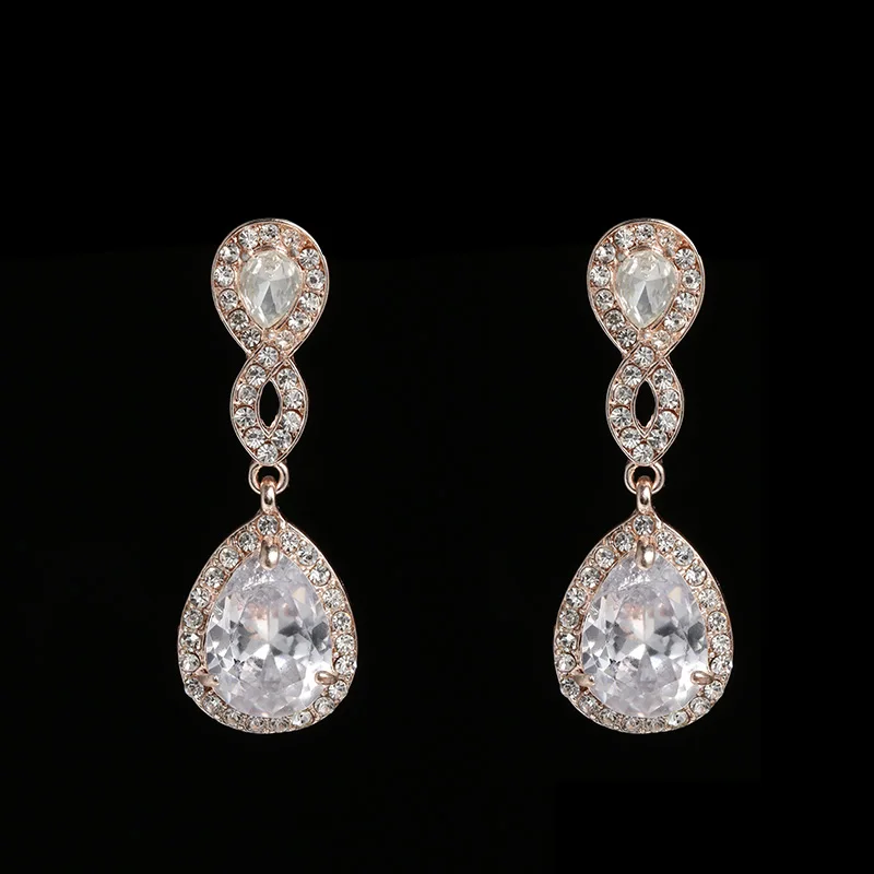

SLBRIDAL Rose Gold Austrian Rhinestones Wedding Earring Bridal Cubic Zirconia Crystal Drop CZ Earring Bridesmaids Women Fashion