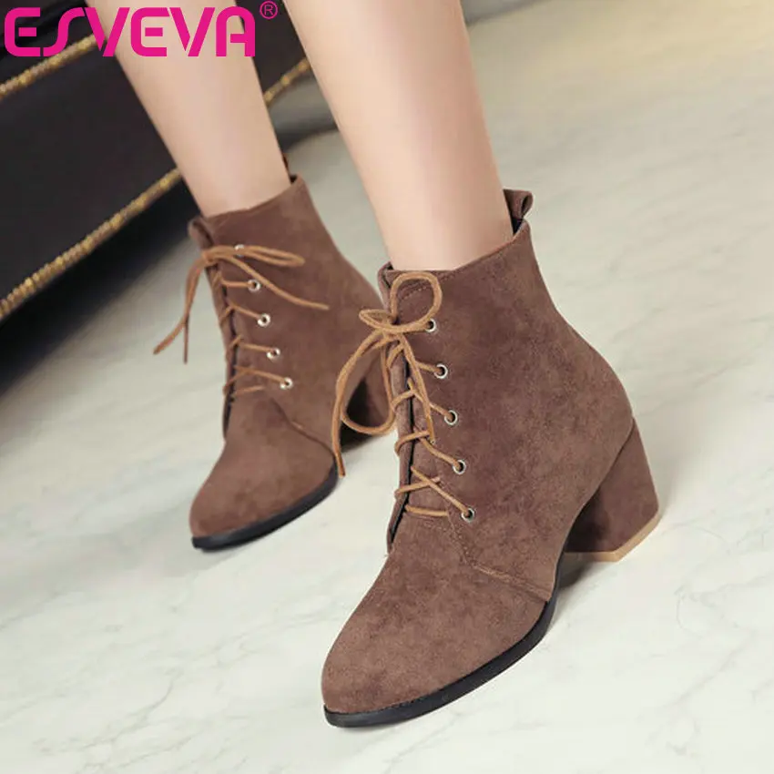 

ESVEVA 2019 Winter Boots Lace Up Woman Boots Square High Heels Shoes Women Flock Ankle Boots Sewing Shoes Round Toe Size 34-43