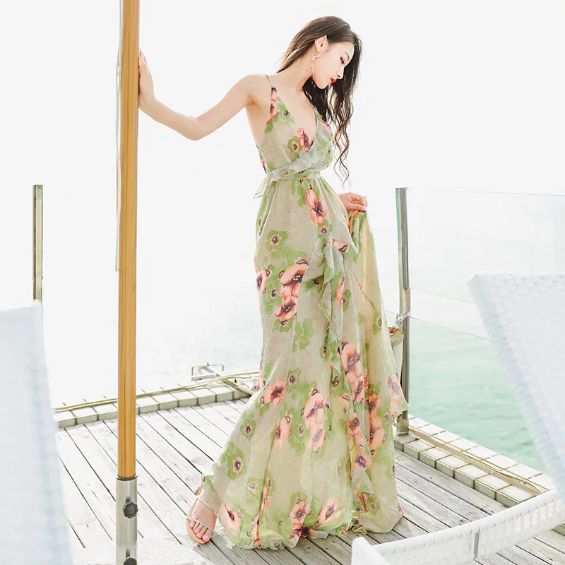

Floral V Neck Empire Sexy Bohemian Beach Dresses Spaghetti Strap Backless Maxi Runway Dress A-Line Chiffon Spring Vestido