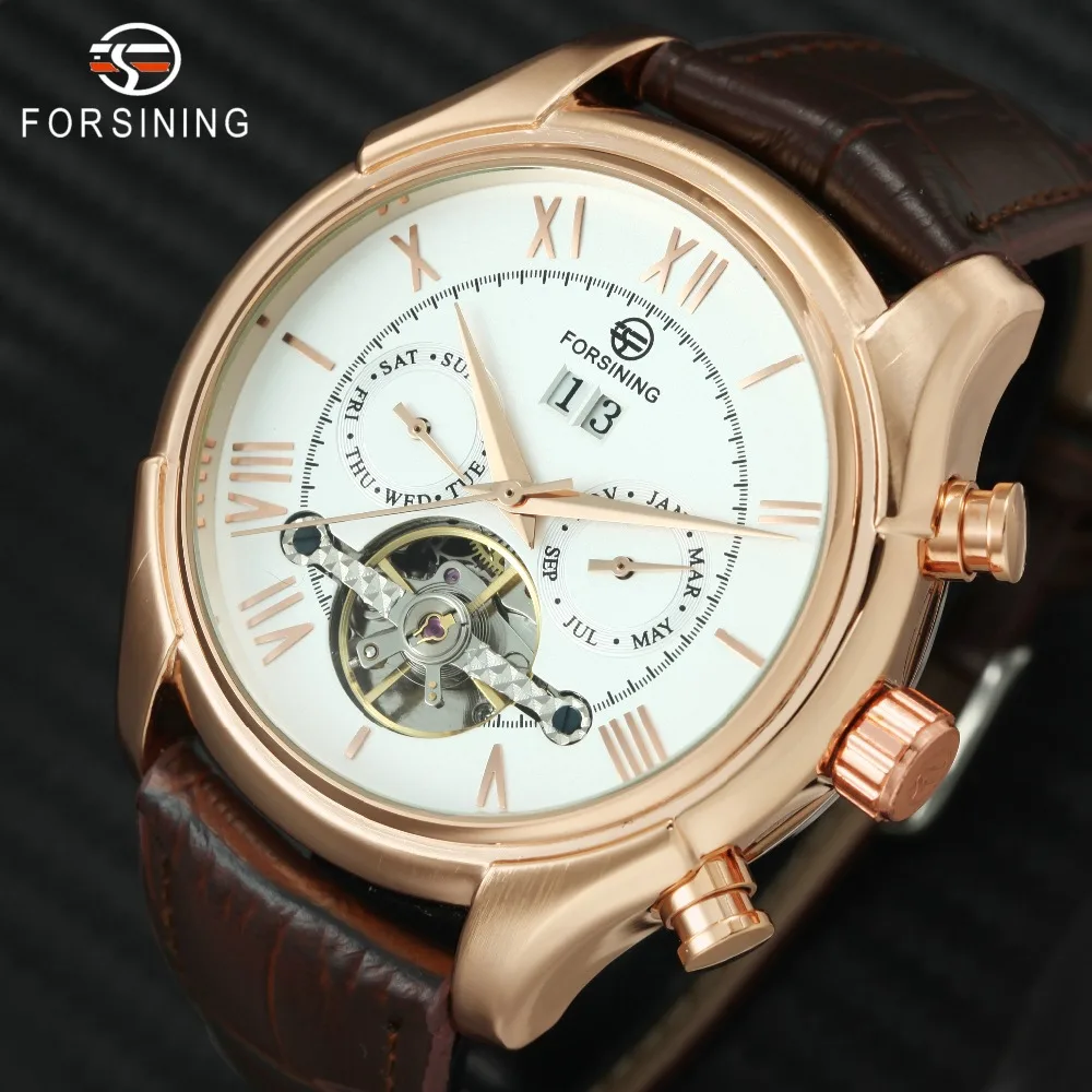 

FORSINING Tourbillon Auto Mechanical Watch Men Leather Strap Working Sub-dials Calendar Skeleton Mens Watches Top Brand Luxury