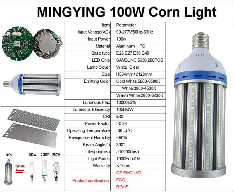 Светодиодный светильник-кукуруза, 36 Вт, 45 Вт, 54 Вт, 80 Вт, 100 Вт, 120 Вт, E26, E27, E39, E40, завод, склад, парковка, освещение, шоссе, bombilla, 85-277 В