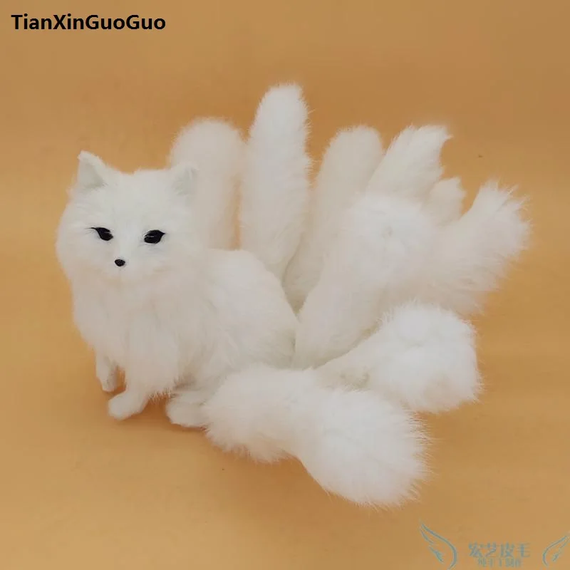 simulation fox large 35x18cm hard model polyethylene&furs white fox with nine tails,handicraft home decoration gift s0782