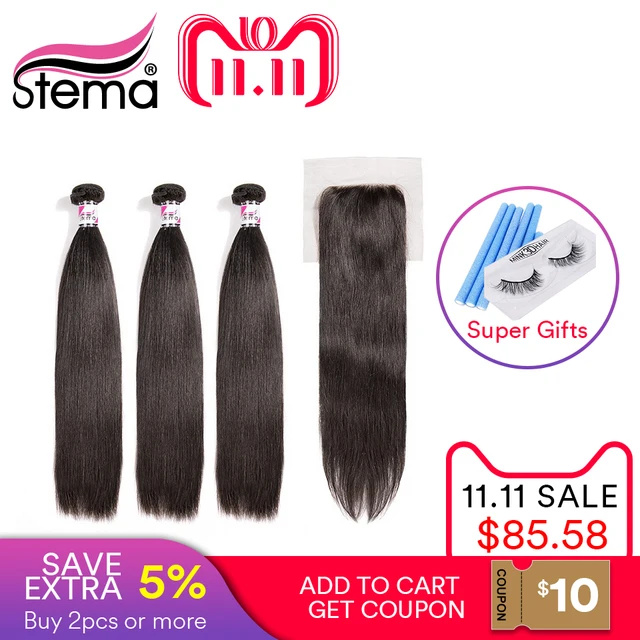 Cheap Stema Brazilian Straight Human Hair Bundles With Closure 3PCS Hair Weaves With 1PC Lace Closure 4x4 Remy Hair Extension Cheap Stema Brazilian Straight Human Hair Bundles With Closure 3PCS Hair Weaves With 1PC Lace Closure 4x4 Remy Hair Extension