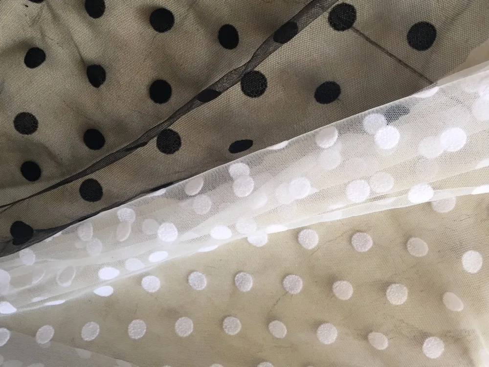 

New! 160cm wide 2meters/lot black off white flocked polka dot mesh tulle soft good quality for diy dress skirt costume fabric