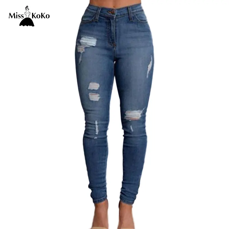Misskoko Women Solid Blue Jeans Elasticity Full Length High Waist