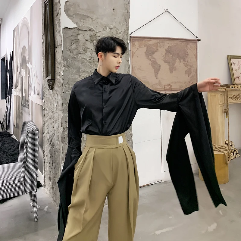 Сценическое шоу одежда Мужская Уличная мода Slim Fit длинный бант лента рукав рубашка мужская женская панк Готическая вечерние платья рубашка