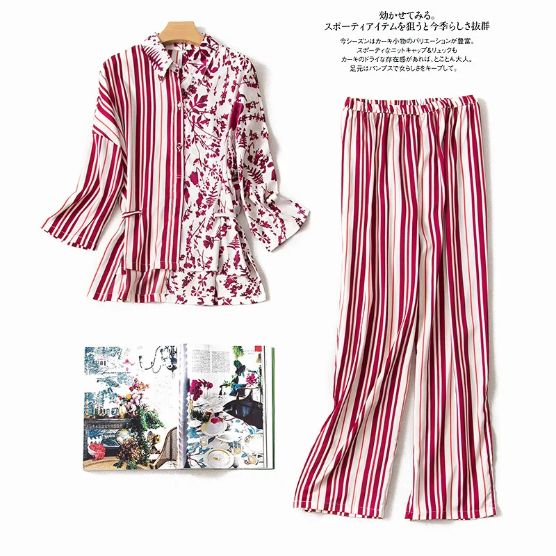 

Summer Striped Silk Pajamas for Women Long Sleeve Loungewear Satin Pijama Turn-down Collar Pink Printing Pyjamas Home Sleepwear