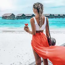 Винтажная длинная юбка с оборками Faldas Mujer, однотонный оранжевый, юбка высокая Талия шифон, шикарная женская юбка, Длинные повседневные Сексуальные вечерние юбки