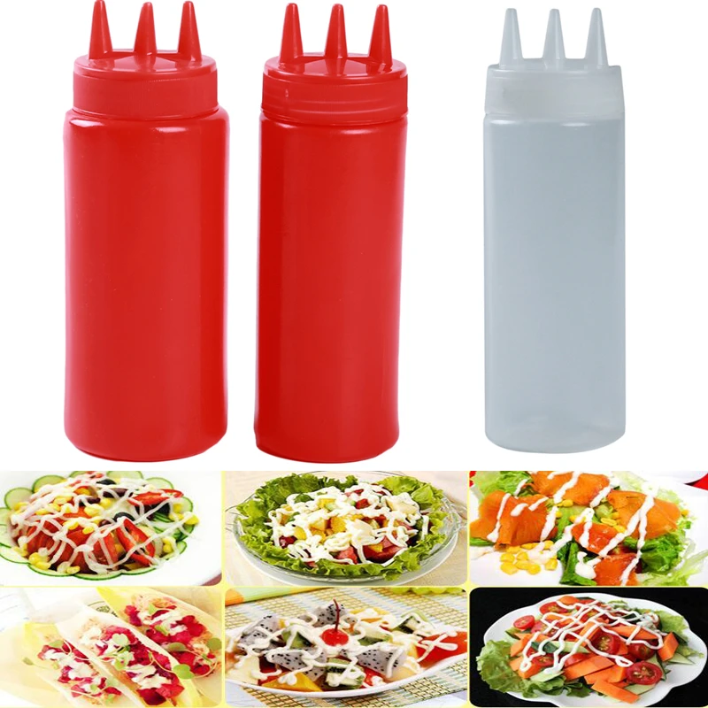 

3 Hole Squeeze Bottle Plastic Oil Vinegar Bottles Condiment Mustard Dispenser Sauce Vinegar Ketchup Gravy Cruet Kitchen Gadgets