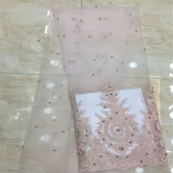 

Nigerian lace fabric 2019 high quality lace pink French Stones Net Lace Fabric/High Quality African Beaded Tulle lace xc81-61