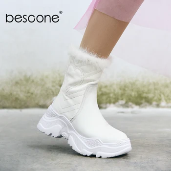 

BESCONE Shoes Woman Genuine Leather Boots Short Plush Warm Outside Round Toe Zipper Comfortable Basic Mid-Calf Women Boots BO264