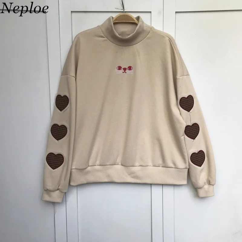 Neploe Cotton Turtleneck Patchwork Women Sweatshirts Mesh Heart shaped