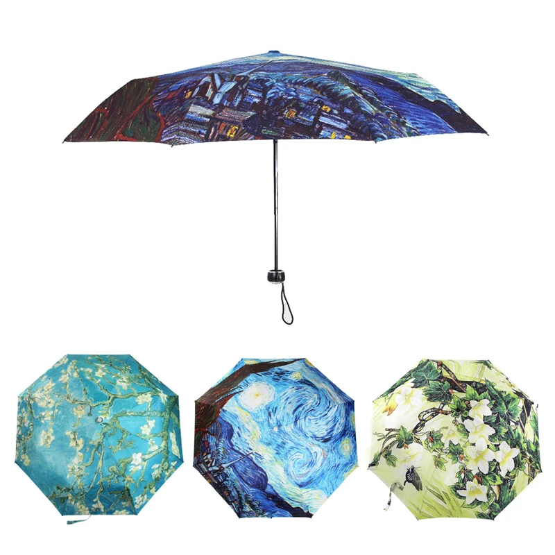 

Oil Painting Three Folding Umbrella For Women Anti-UV Sunscreen Parasol Starry Night Windproof Dual-use Sunny And Rain Umbrellas