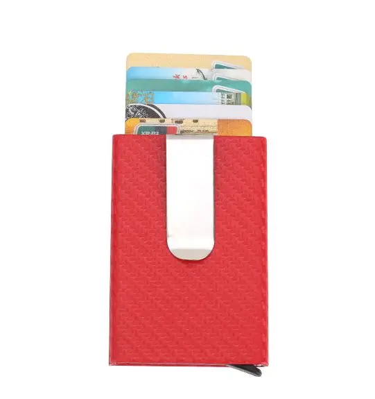 Горячая бизнес Алюминиевый RFID кошелек автоматический скользящий Чехол для карт из углеродного волокна из искусственной кожи металлический ID кредитный держатель для карт зажим - Цвет: Red card holder