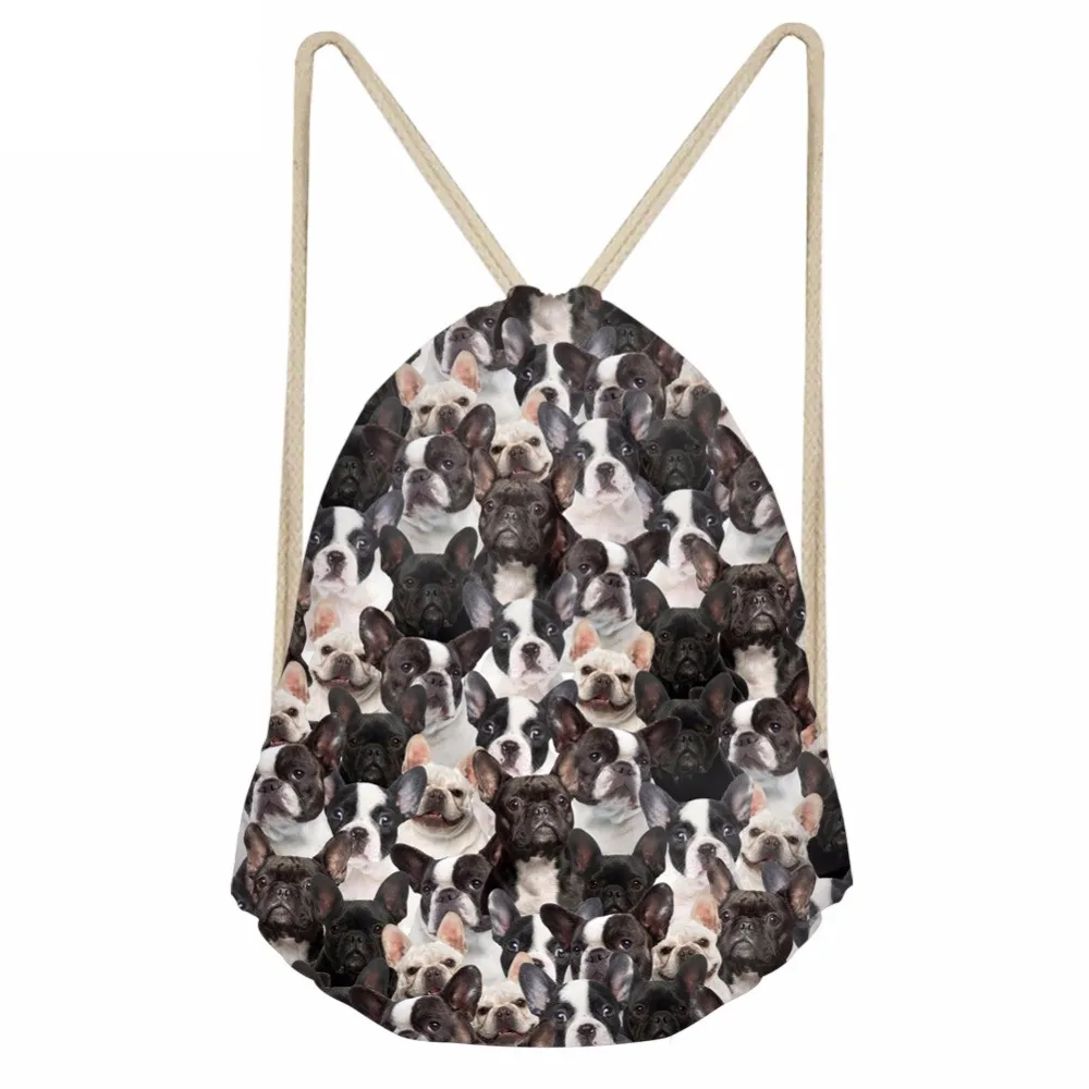 Funny French Bulldog Boston Terrier Print Women Drawstrings Bags Fashion Travel Backpacks Punch Pocket for Teen