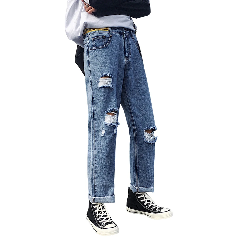 

Spring Summer Man Fashion Ripped Hole Jeans Men Quality Straight Denim Loose Pants Male Amazing Joker Personal Trousers