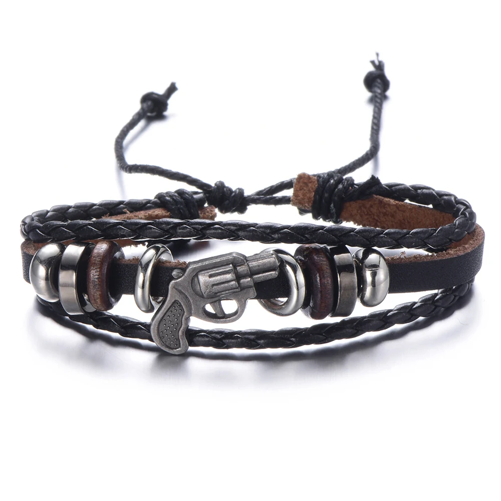 

HOMOD Lucky Vintage Men Jewelry Black Genuine Leather Bracelet Revolver American West cowboy For Men Multilayer Braided Bracelet