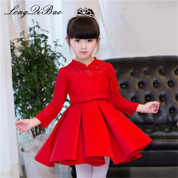 

Baby girl red long-sleeved children's dress birthday princess dress flower girl dress girl host piano costumes pettiskirt autumn