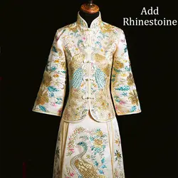 Традиционная китайская одежда Танг вечерние платья винтажные женские Qipao со стразами королевские Vestidos шампанское изысканный чонсам