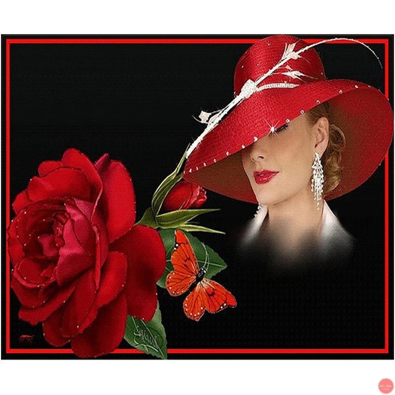 

Diamond Painting Full Square Round Diamond Mosaic Wall art rose hat woman Diy Diamonds Embroidery Hobby Pictures by number C911