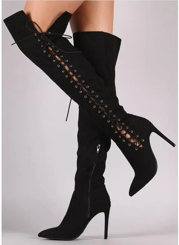 

Hot Sexy Fashion Black/Gray/Leopard Flock Over-the-Knee Shoes Pointed Toe Thin Heels Shoes Cross-Tied Zip Women's Boots