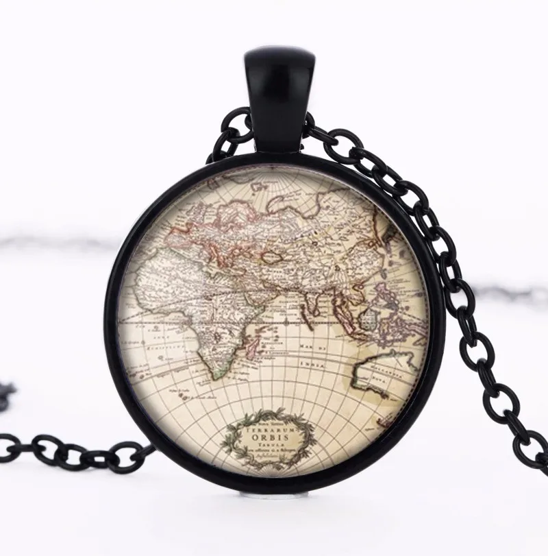 Ожерелье ручной работы с изображением старой карты мира|glass pendant|map necklaceworld map necklace