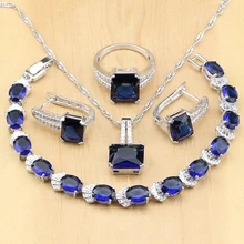 925 Серебряные вечерние ювелирные изделия голубой циркон белый CZ Ювелирные наборы для женщин серьги/кулон/ожерелье/кольца/браслет