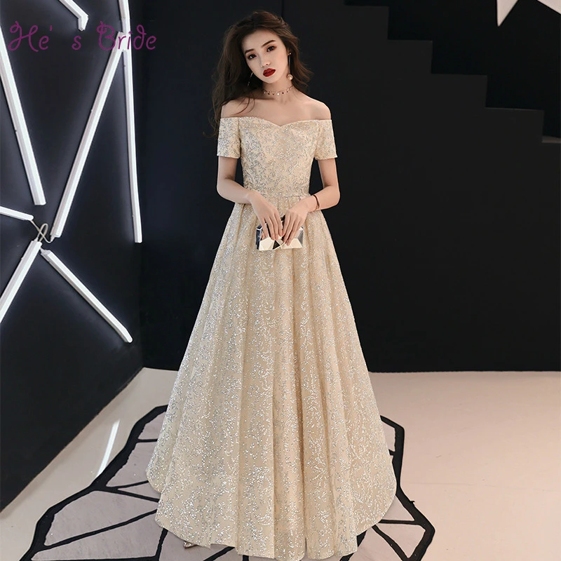 

He's Bride Elegant Gold Evening Dress Sexy Boat Neck Short Sleeve Sequined Lace Up Floor-length Prom Formal Grown Robe De Soiree