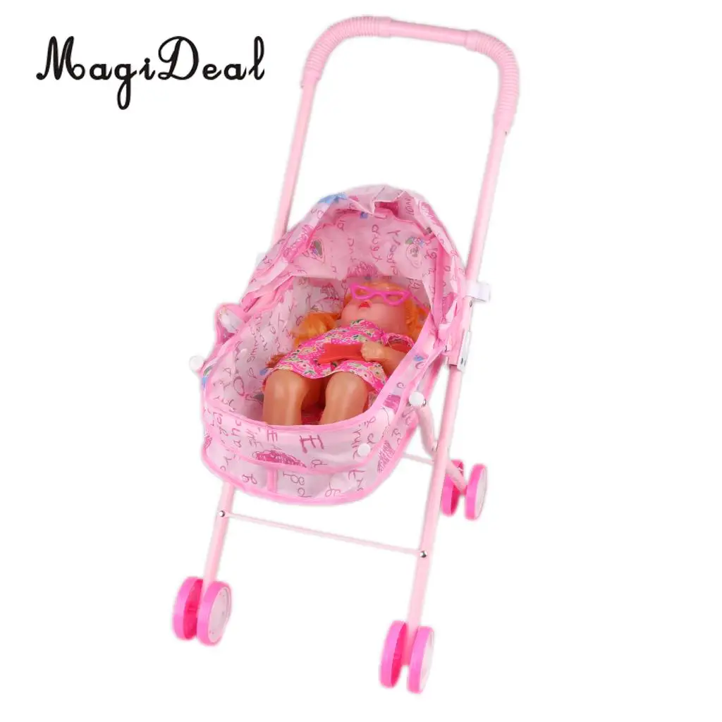 Simulation Pushchair Toy with  Baby Doll Stroller and Bed Cradle Kids Nursing Room Play Accessories Kids Gift