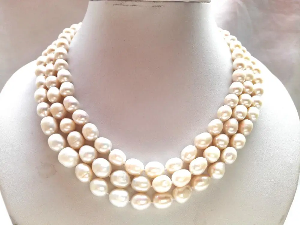 

3 strands white color rice freshwater pearl necklace shell clasp 8-9mm 5.27