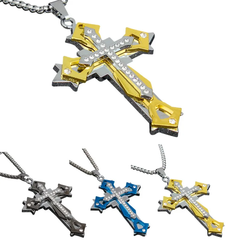 

Cross Pendant Men's Necklace New Gold Silver Blue Alloy Cable Chain Crystal Multilayer Necklace Hanging Mens Jewelry Accessories