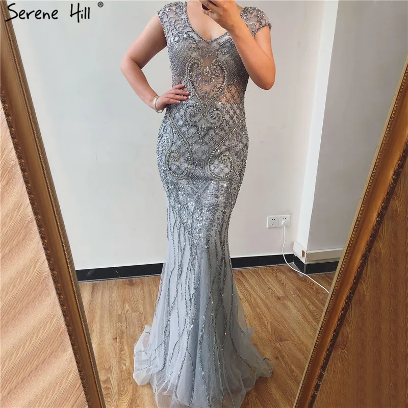 Дубай дизайн серое роскошное вечернее платье с v-образным вырезом полностью алмазные Сексуальные вечерние платья Русалка Serene Хилл LA70063 - Цвет: grey