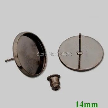 

14mm New Gunmetal Black Blank Bases Round Bezel Tray Pin Stud Earrings Post w/ Bullet Stopper Settings Findings Bulk Wholesale